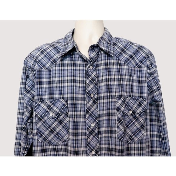 Frontier Western Snap Shirt XL Black Blue White Plaid Long Sleeve - Picture 3 of 6